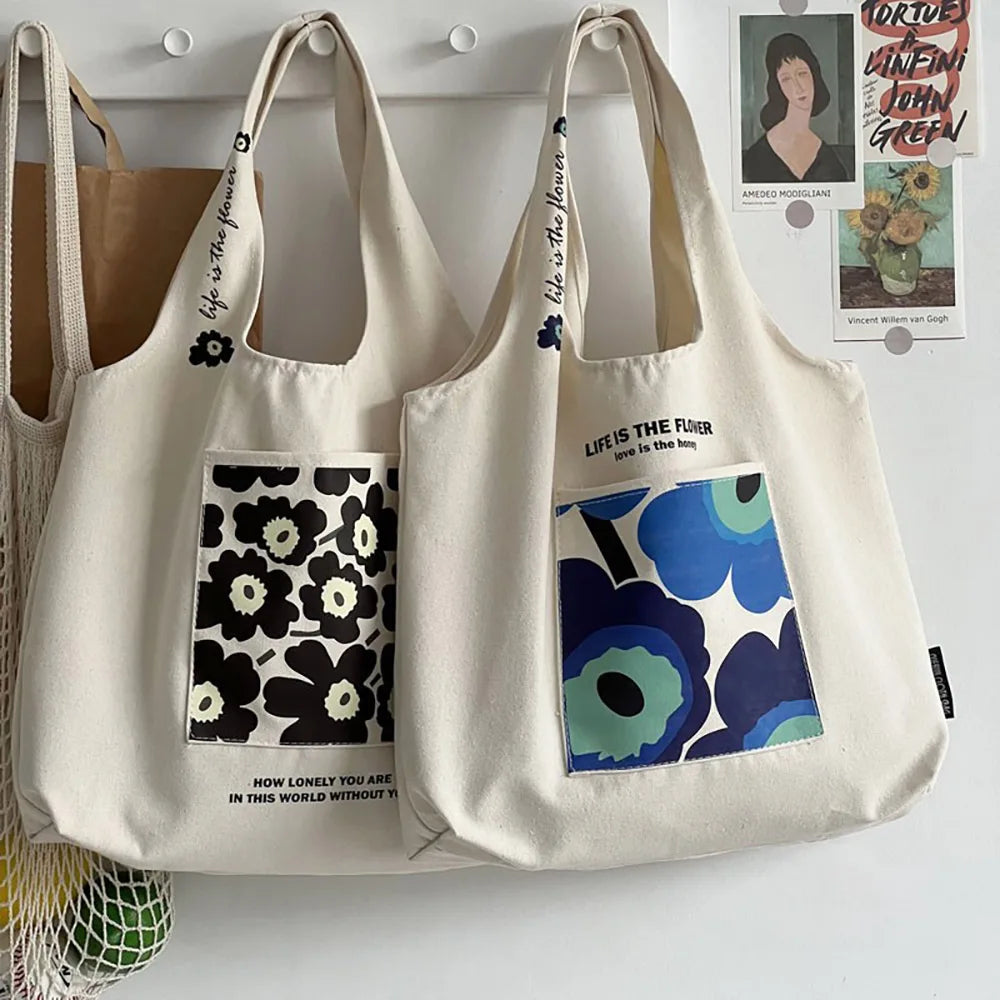 College Girls Canvas Shoulder Bag Floral Print Pocket Tote