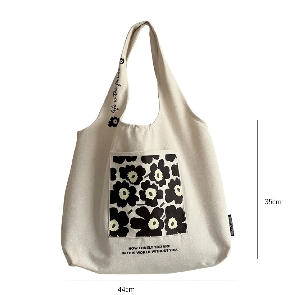 College Girls Canvas Shoulder Bag Floral Print Pocket Tote