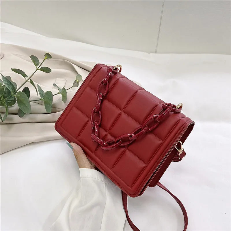 Casual Mini Handbag Flap Purse Checkered PU Leather Solid Crossbody Bag