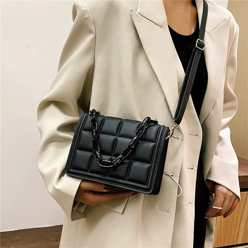 Casual Mini Handbag Flap Purse Checkered PU Leather Solid Crossbody Bag