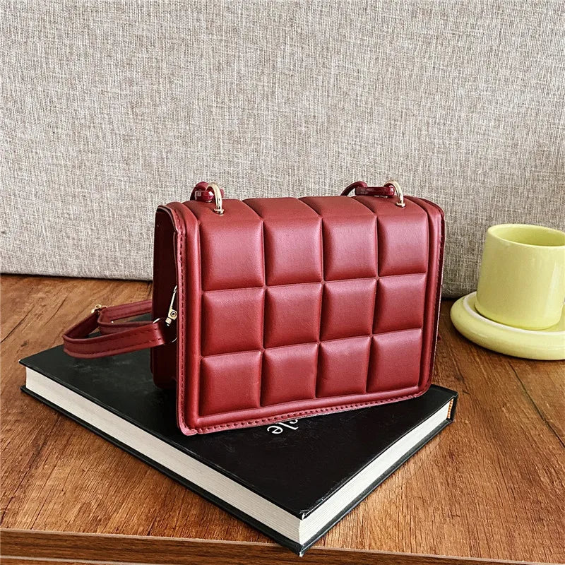 Casual Mini Handbag Flap Purse Checkered PU Leather Solid Crossbody Bag