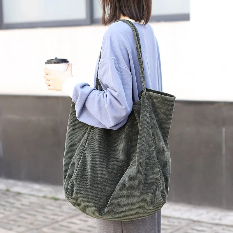 Casual Large Capacity Shopping Bag Corduroy Canvas Tote Bag