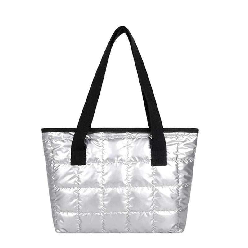Large Quilted Tote Bag Solid Clutch Retro Shoulder Bag Nylon Plaid Handbag