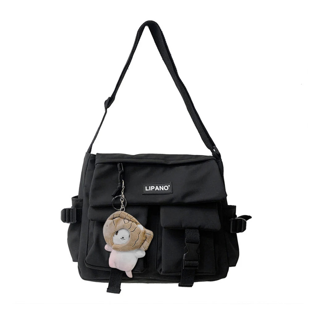 Solid Casual Messenger Bag for Ladies with Pockets and Pendant Decor