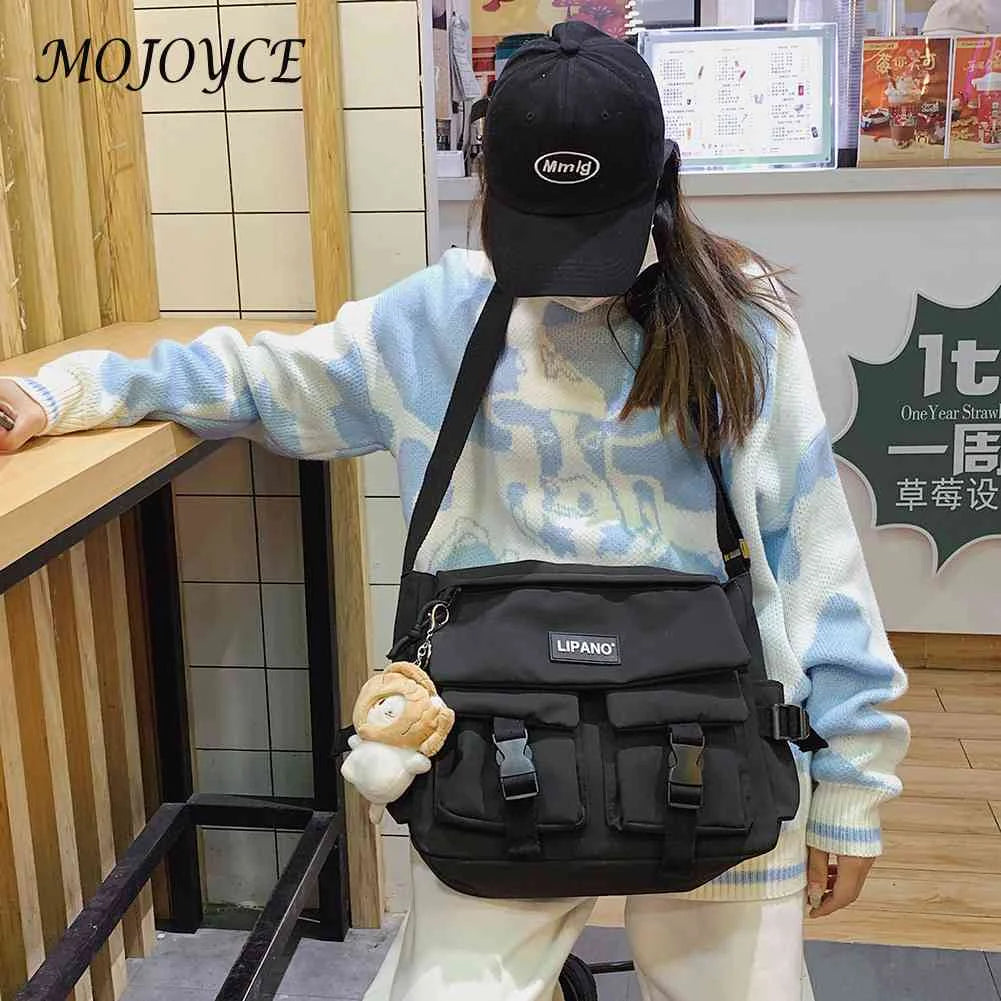 Solid Casual Messenger Bag for Ladies with Pockets and Pendant Decor