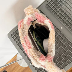 Small Plush Shoulder Bag Zipper Purse Faux Lambswool Checked Plaid