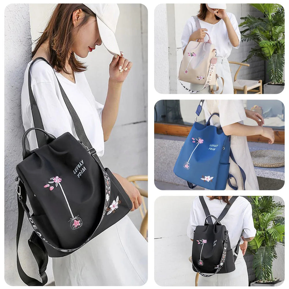 Flower Embroidered Oxford Cloth Backpack School Book Bag