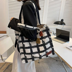 Casual Plaid Canvas Women Shoulder Bags Large Capacity Tote