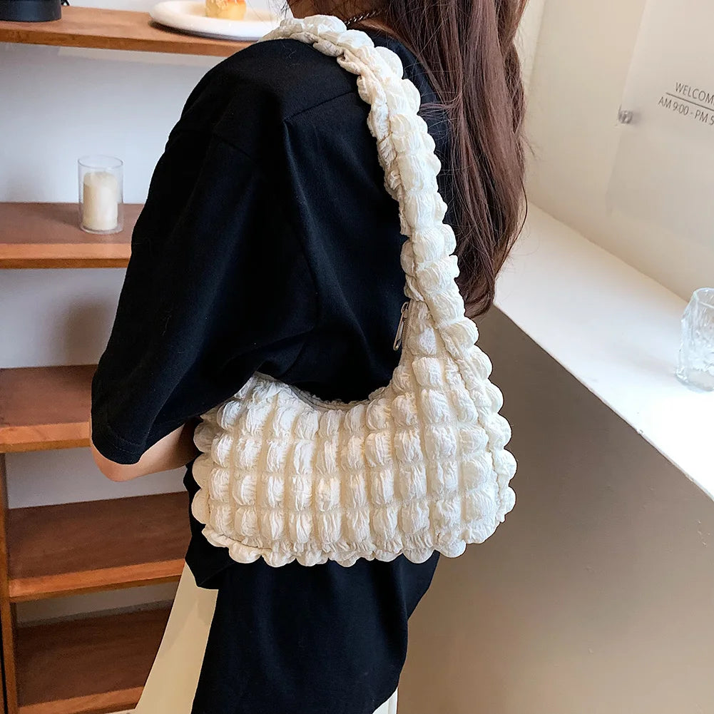 Casual Pleated Shoulder Bag Women Bubble Travel Handbag Underarm Tote