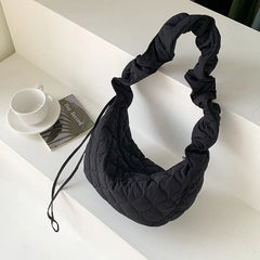 Ruched Strap Nylon Shoulder Bag for Women Quilted Padded Crossbody Tote