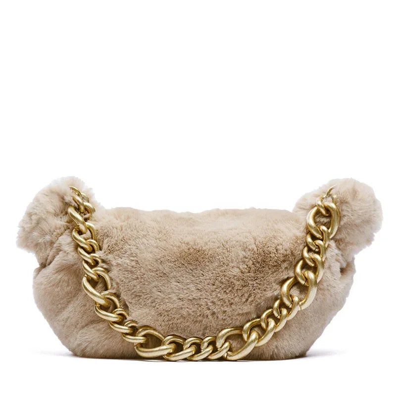 Thick Chains Hobos Women Shoulder Bags Lady Handbag Faux Fur Hand Bags