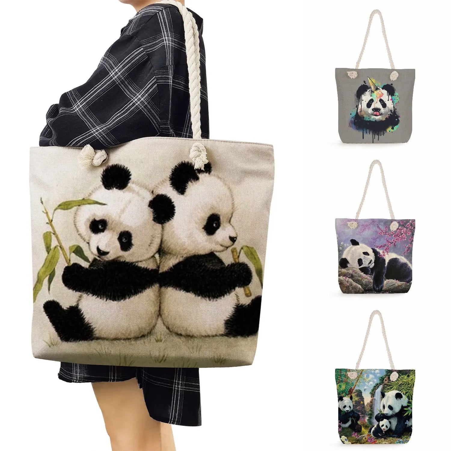 Casual Thick Rope Tote Linen Shopper Shoulder Bag Panda Ladies Handbag