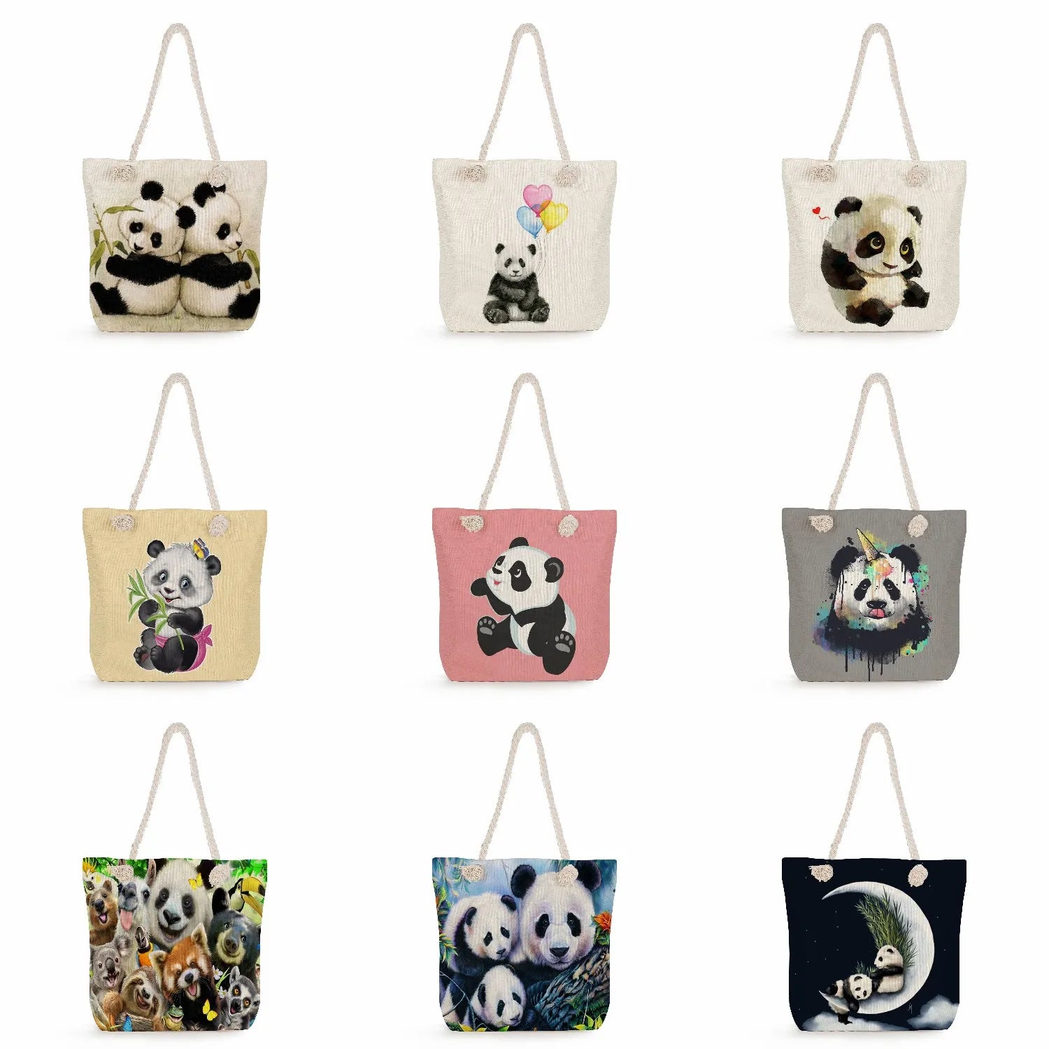 Casual Thick Rope Tote Linen Shopper Shoulder Bag Panda Ladies Handbag