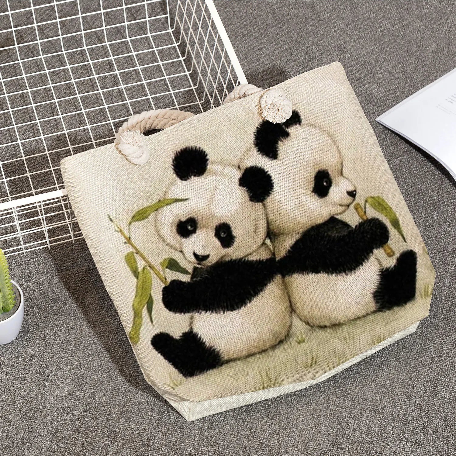 Casual Thick Rope Tote Linen Shopper Shoulder Bag Panda Ladies Handbag