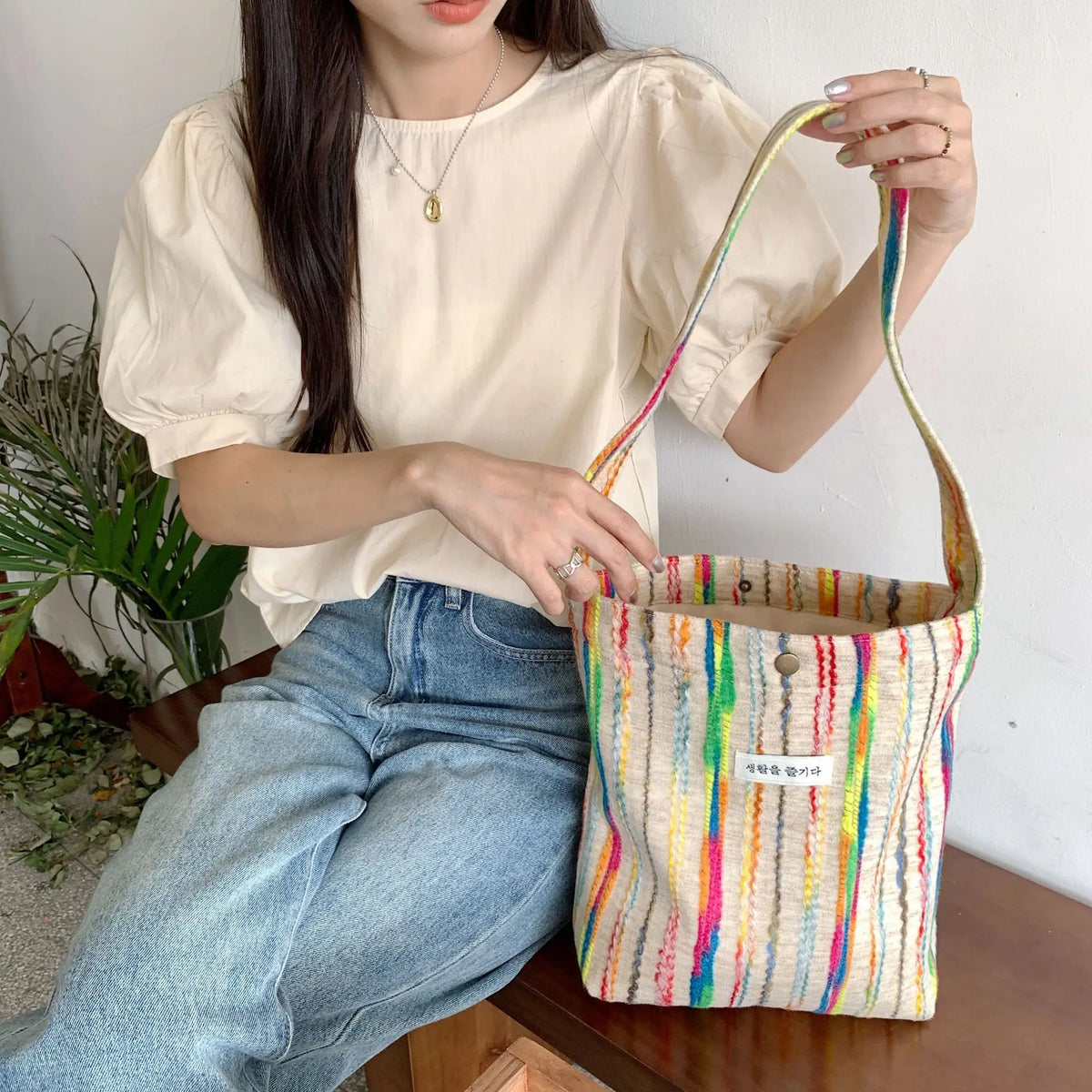 Women's Rainbow Stripe Tote Handbag Shoulder Bag
