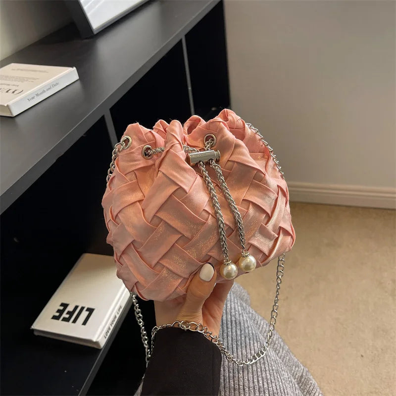 Casual Weaving Shoulder Bags for Women PU Leather Bucket Shape Chains Crossbody