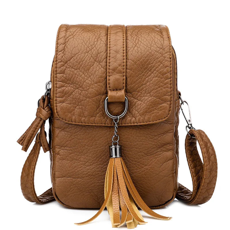 Casual Women Phone Bag Purses Leather Tassel Shoulder Bag