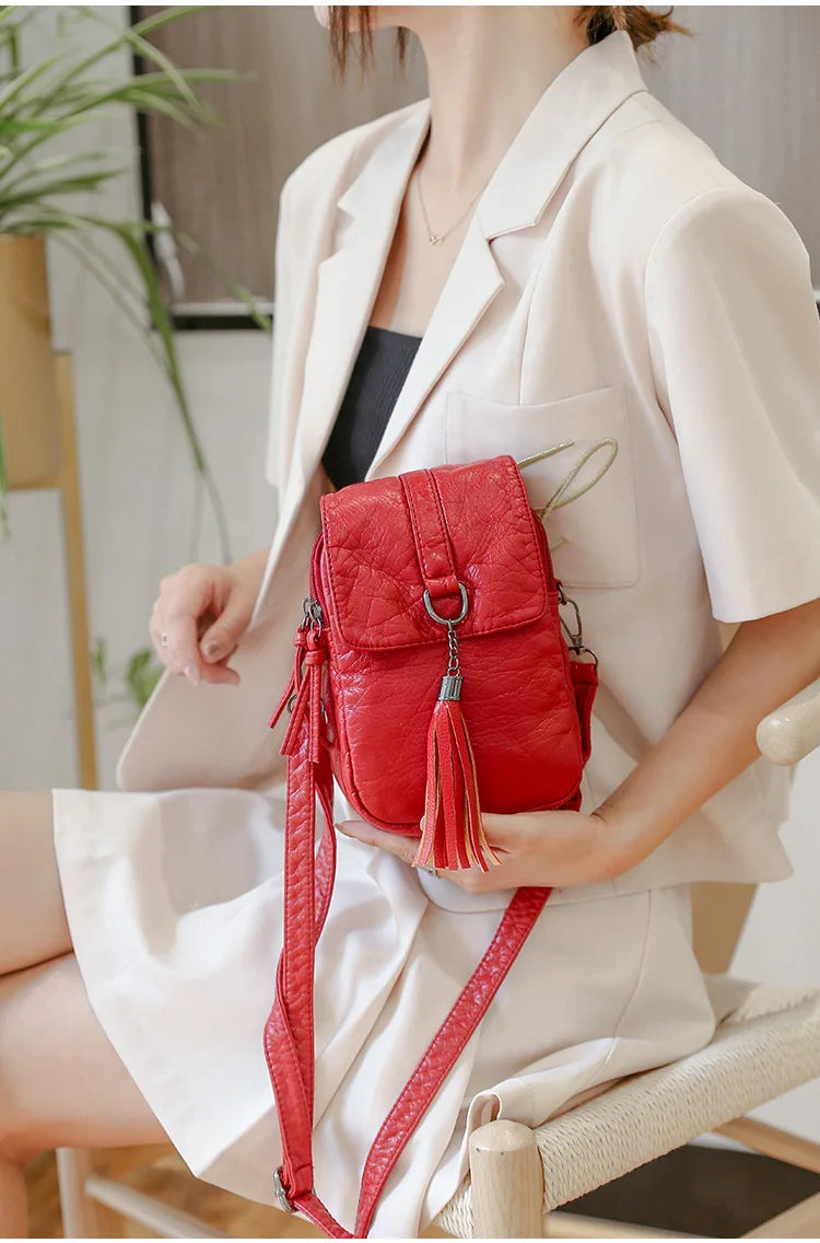 Casual Women Phone Bag Purses Leather Tassel Shoulder Bag