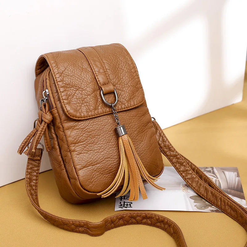 Casual Women Phone Bag Purses Leather Tassel Shoulder Bag