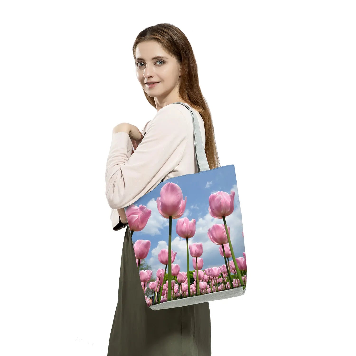 Casual Women Tulip Floral Print Tote Bag High Capacity Lady Shoulder Handbag