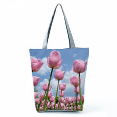 Casual Women Tulip Floral Print Tote Bag High Capacity Lady Shoulder Handbag
