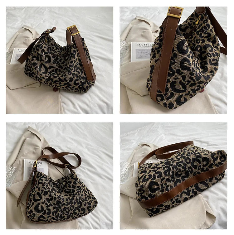 Leopard Canvas Hobo Bag Large Capacity Crossbody Handbag for Women