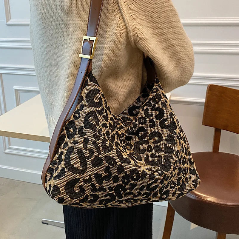 Leopard Canvas Hobo Bag Large Capacity Crossbody Handbag for Women