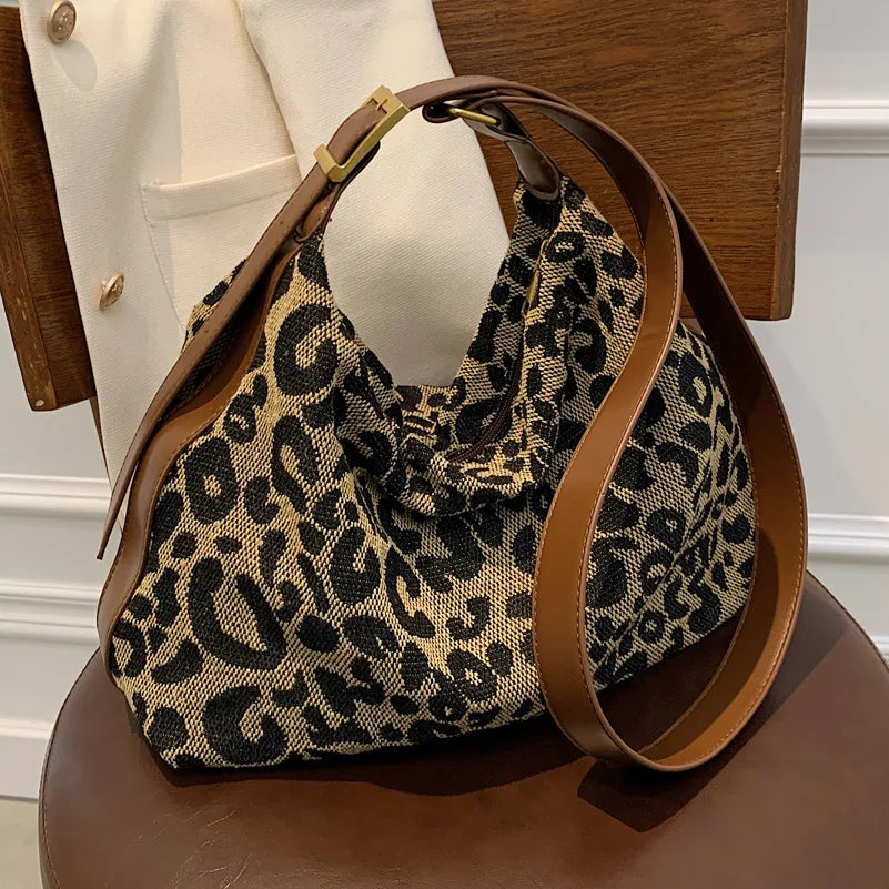 Leopard Canvas Hobo Bag Large Capacity Crossbody Handbag for Women