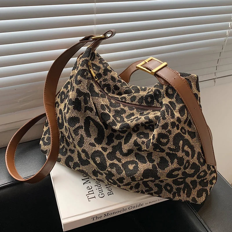 Leopard Canvas Hobo Bag Large Capacity Crossbody Handbag for Women