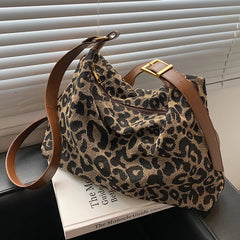 Leopard Canvas Hobo Bag Large Capacity Crossbody Handbag for Women