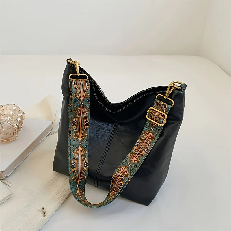 Retro Style Zipper Shoulder Bag, Large Capacity Crossbody Bag
