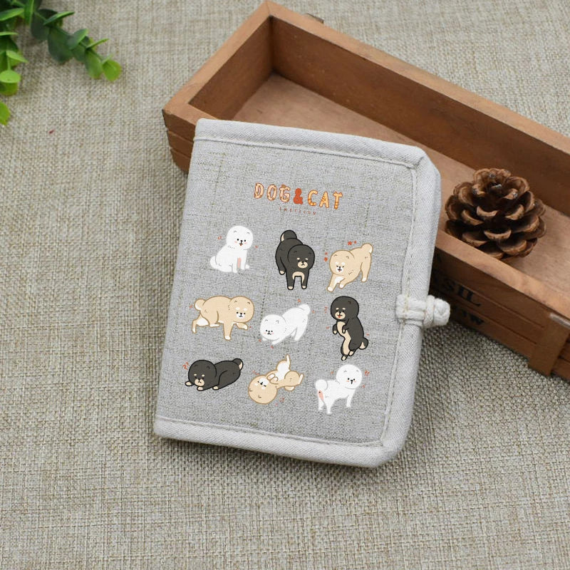 Cartoon Pet Print Wallet Cat and Dog Linen Japanese Purse Lady Short Wallets
