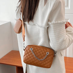 Chain Messenger Bag Embroidered Rhombic Lattice Underarm Bag with Small Purse