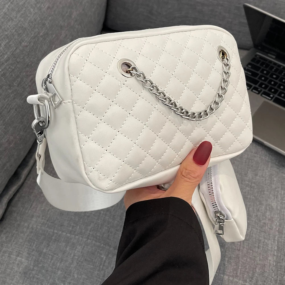 Embroidered Rhombic Lattice Chain Shoulder Bag with Small Purse