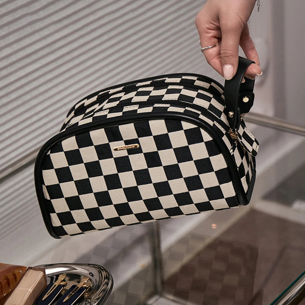 Plaid Cosmetic Bag Double Zipper Handbag Large-capacity Beauty Makeup Pouch