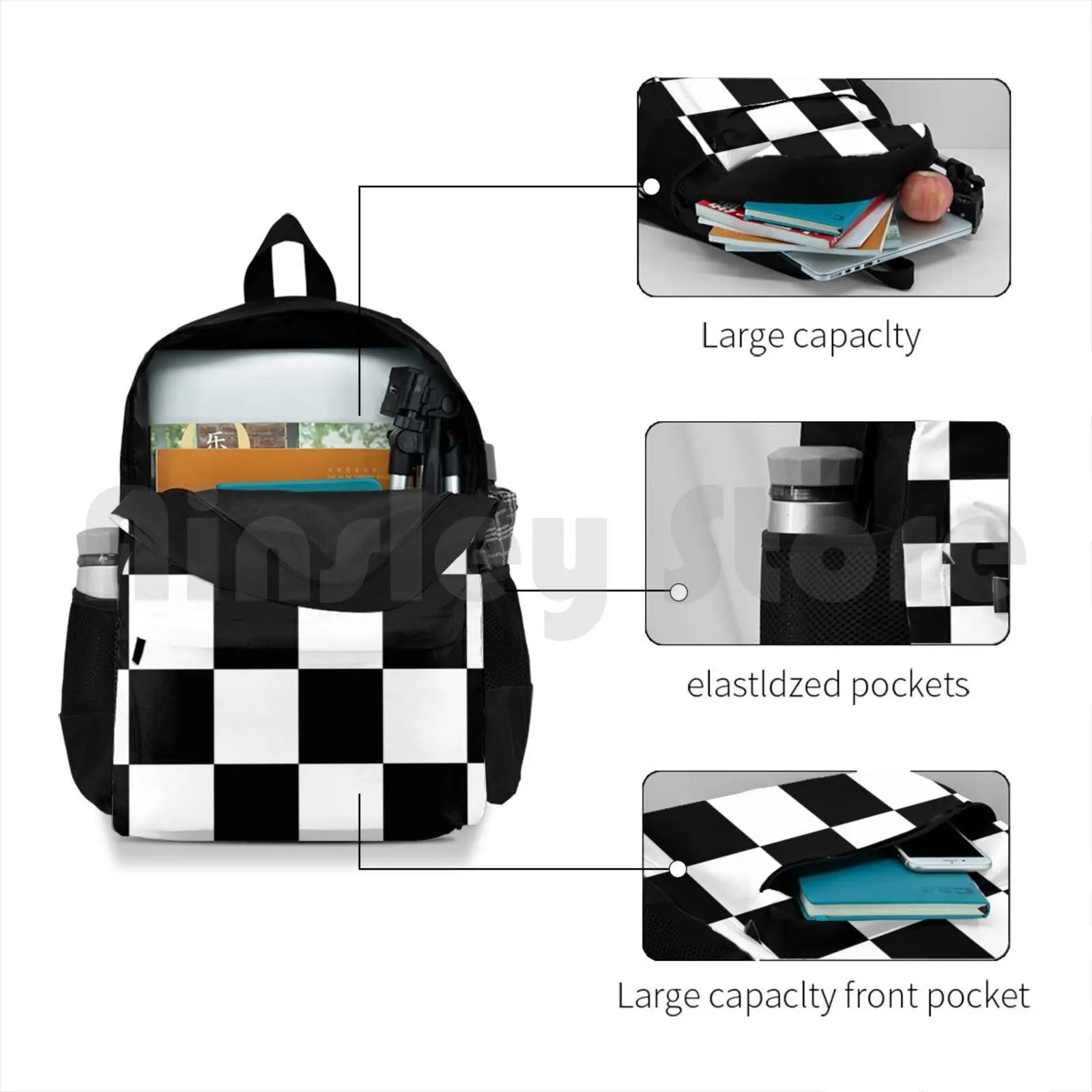 Checkered Outdoor Hiking Backpack Waterproof Camping Travel Squares Chess