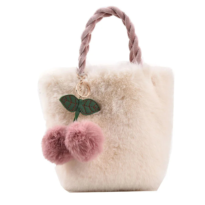 Cherry Pendant Winter Bag Women Plush Clutch Faux Fur Totes Underarm Handbags