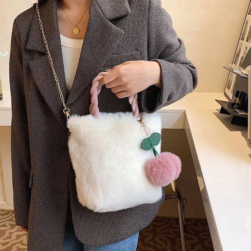Cherry Pendant Winter Bag Women Plush Clutch Faux Fur Totes Underarm Handbags