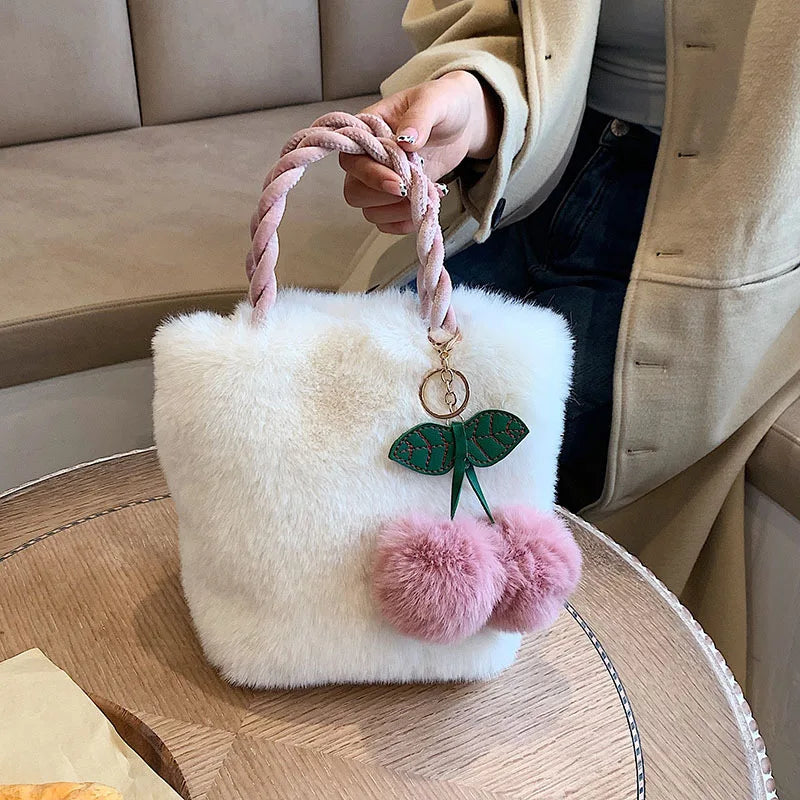 Cherry Pendant Winter Bag Women Plush Clutch Faux Fur Totes Underarm Handbags