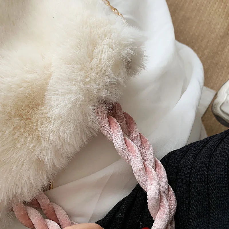 Cherry Pendant Winter Bag Women Plush Clutch Faux Fur Totes Underarm Handbags