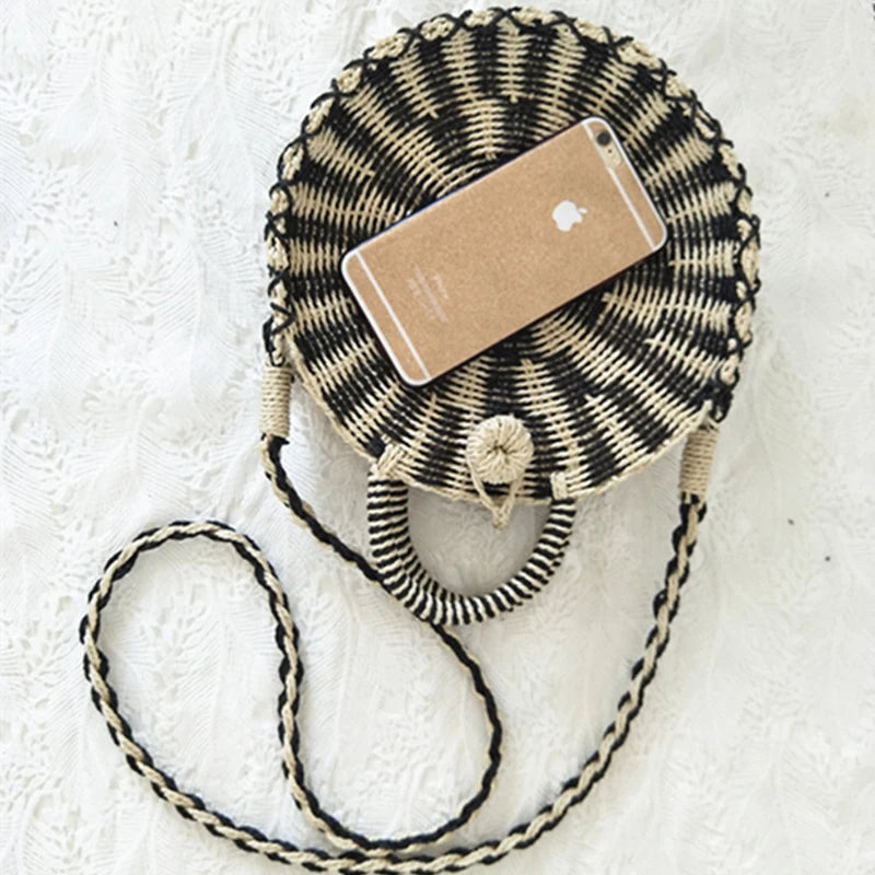 Vintage Rattan Woven Round Handbag Retro Straw Knitted Messenger Bag