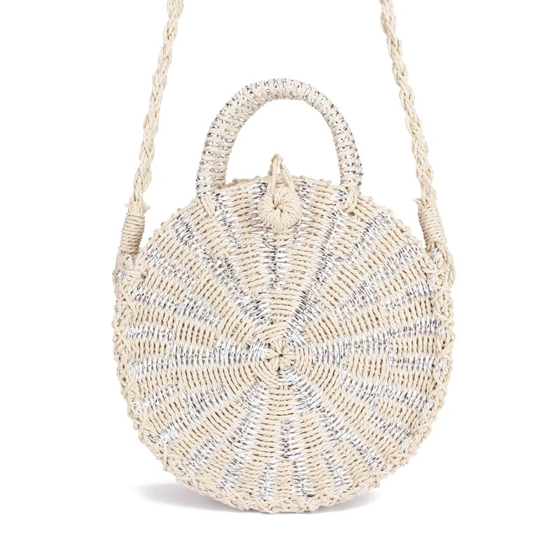 Vintage Rattan Woven Round Handbag Retro Straw Knitted Messenger Bag