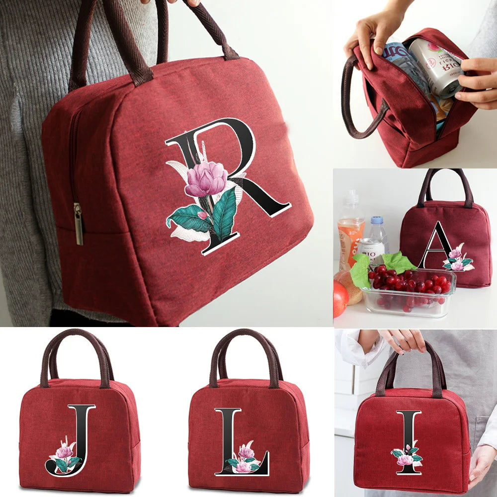 Child Food Cooler Insulated Lunch Bag Canvas Handbag Whitemarble Letter Series