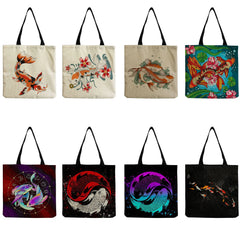 Chinese Fish Print Tote Bag Eco Reusable Handbag Women's Shoulder Bag