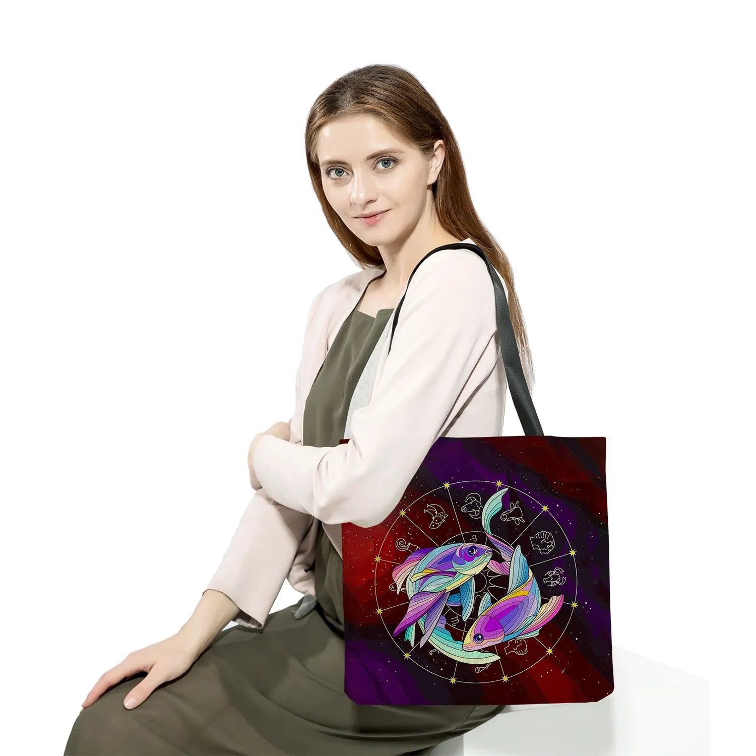 Chinese Fish Print Tote Bag Eco Reusable Handbag Women's Shoulder Bag
