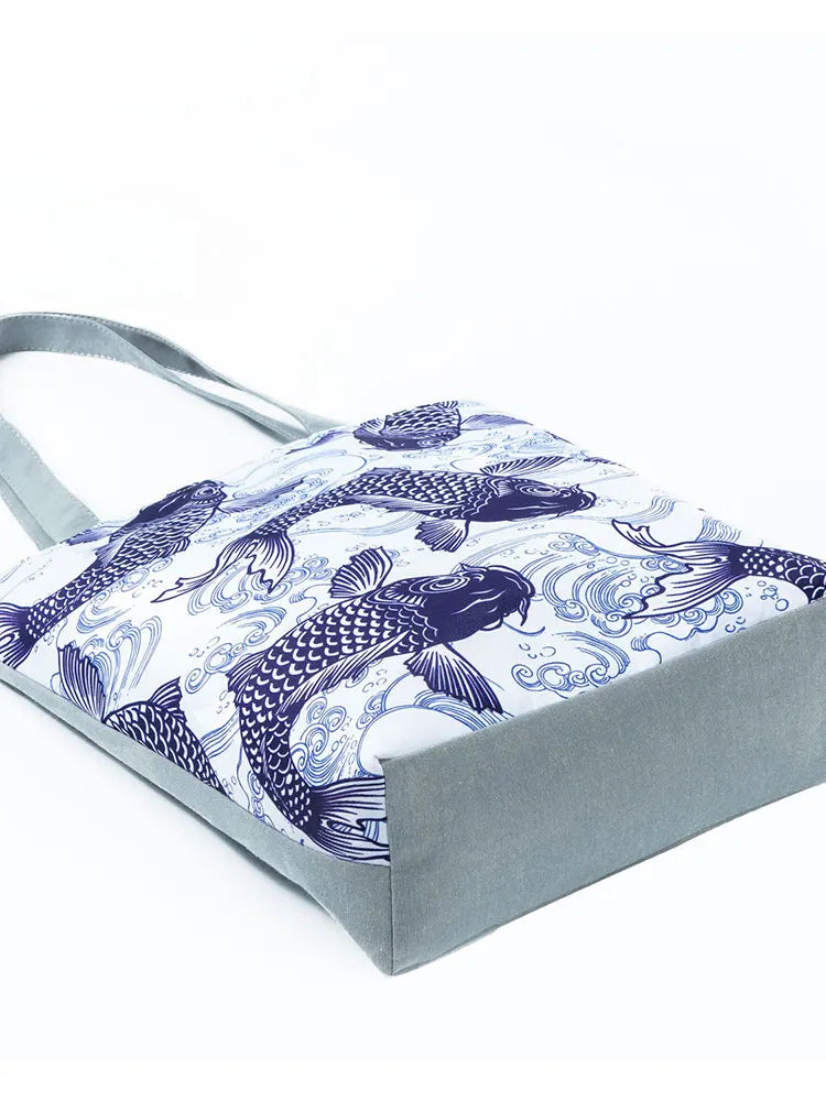 Chinese Style Carp Print Shoulder Bag Large Capacity Fish Tote Eco Reusable