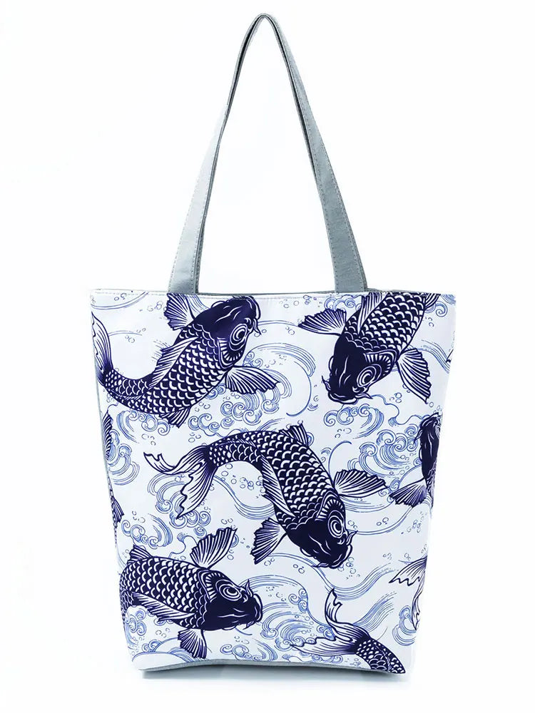 Chinese Style Carp Print Shoulder Bag Large Capacity Fish Tote Eco Reusable
