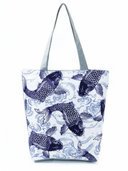 Chinese Style Carp Print Shoulder Bag Large Capacity Fish Tote Eco Reusable