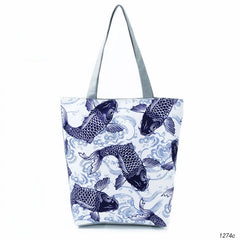 Chinese Style Carp Print Shoulder Bag Large Capacity Fish Tote Eco Reusable