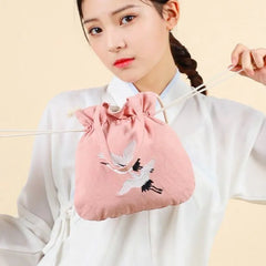 Chinese Embroidery Drawstring Cotton Linen Diagonal Bag Hanfu Accessory